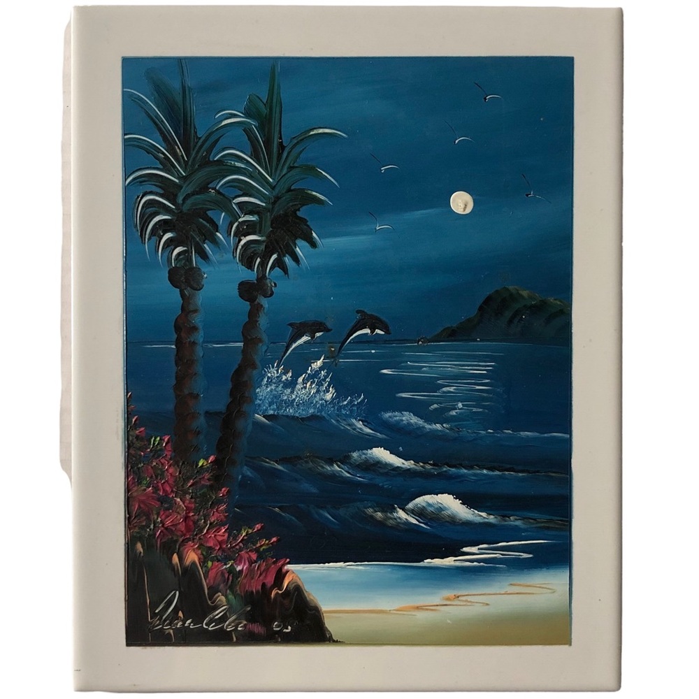 Vintage Artist Signed Ceramic Art Tile Mexico Tropical Ocean Sea Coastal Dolphin